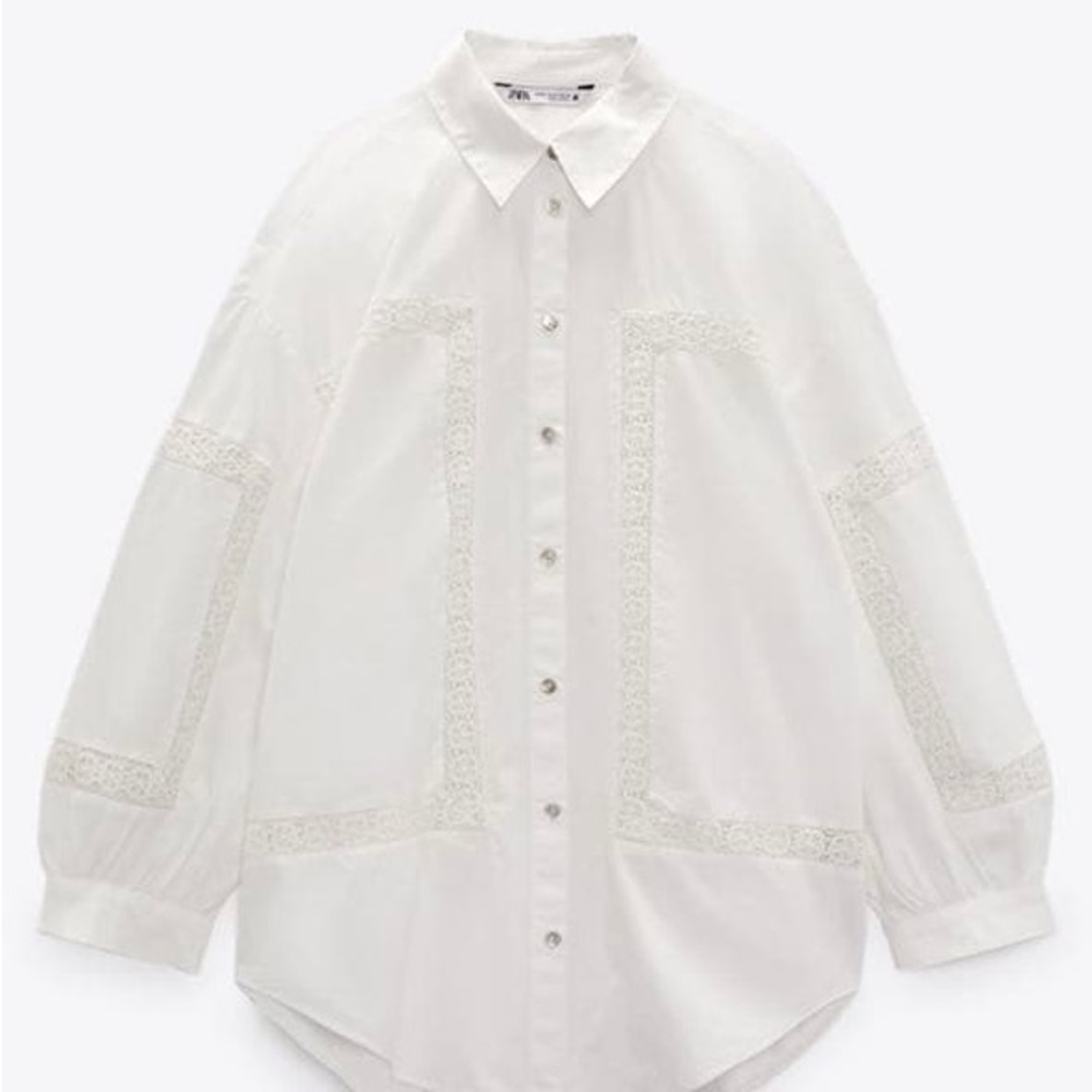 zara white oversized lace inset poplin button down